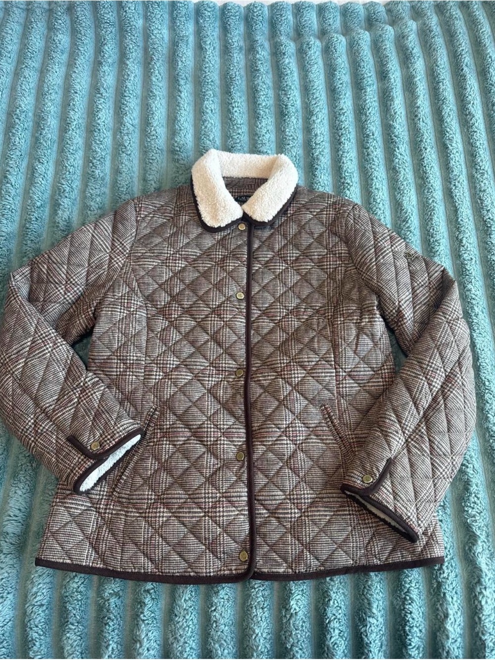Ralph Lauren Brown Plaid Quilted Jacket with Cream Sherpa Collar